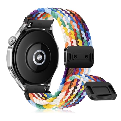 RanBluu 20 mm 22 mm Nylon Armband, Geflochten Ersatzarmband, Elastisches Uhrenarmband mit Magnetisch Verschluss (20 mm, Regenbogen) von RanBluu