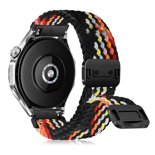 RanBluu 20 mm 22 mm Nylon Armband, Geflochten Ersatzarmband, Elastisches Uhrenarmband mit Magnetisch Verschluss (20 mm, Schwarzer&Regenbogen) von RanBluu