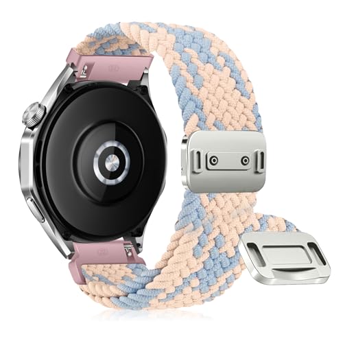 RanBluu 22 mm 20 mm Nylon Armband, Geflochten Ersatzarmband, Elastisches Uhrenarmband mit Magnetisch Verschluss (22 mm, Blau&Rosa) von RanBluu