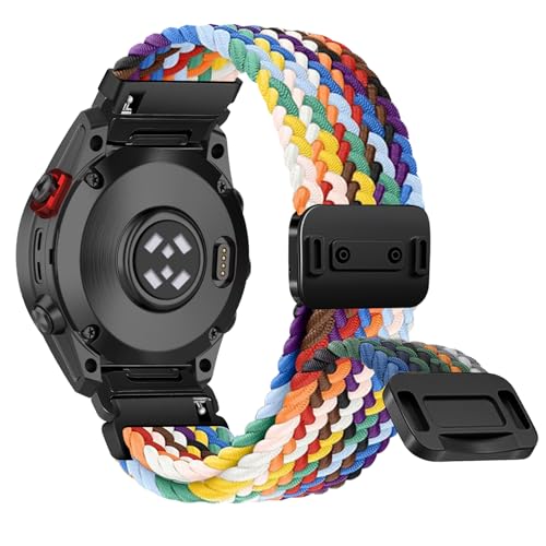 RanBluu QuickFit 26 mm Nylon Armband für Garmin fēnix 8 51mm/Enduro 3/Fenix 7X/6X/5X, Geflochten Ersatzarmband, Elastisch Armbänder mit Magnetisch Verschluss für Garmin Descent Mk3i, Regenbogen von RanBluu