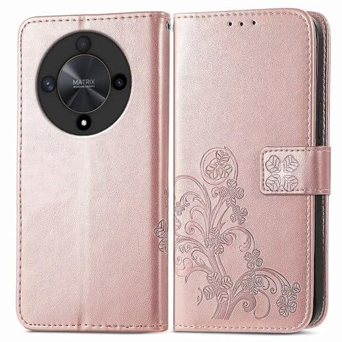 RankOne Hülle aus Leder für Honor Magic6 Lite 5G (6.78" Inches), Wallet Case mit 3 Kartenfächern 1 Münzfach Vierblättriges Kleeblattmuster - Roségold von RankOne