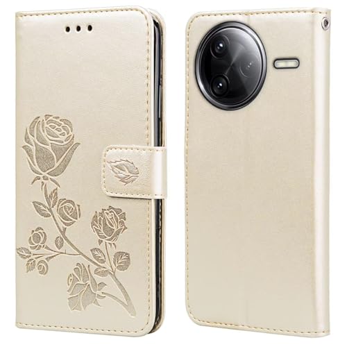 RankOne Leder Geldbörsen Hülle für Poco F7 (6.67" Inches), mit Kartenhalter Rose Pattern Design Cover Folio Flip Case - Gold von RankOne