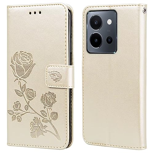 RankOne Leder Geldbörsen Hülle für vivo Y36 (6.64" Inches), mit Kartenhalter Rose Pattern Design Cover Folio Flip Case - Gold von RankOne