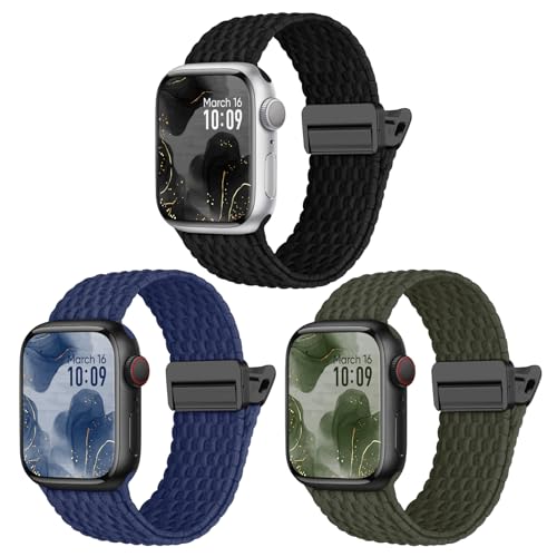 3er Stück Geflochten Armband Kompatibel mit Apple Watch Armband 42mm 46mm 41mm 40mm 38mm 45mm 44mm 49mm, Elastisch Nylon Armbänder mit Magnetisch Verschluss für iWatch SE Series 10 9 8 7 6 5 4 3 2 1 von Raradev