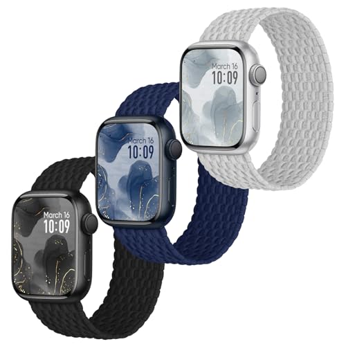 Raradev 3 Stück Geflochten Armband Kompatibel mit Apple Watch Armband 44mm 45mm 42mm, Elastisch Nylon Band Solo Loop Sport Armbänder für iWatch Series 9 8 7 6 5 4 3 2 1 SE, S 137MM von Raradev