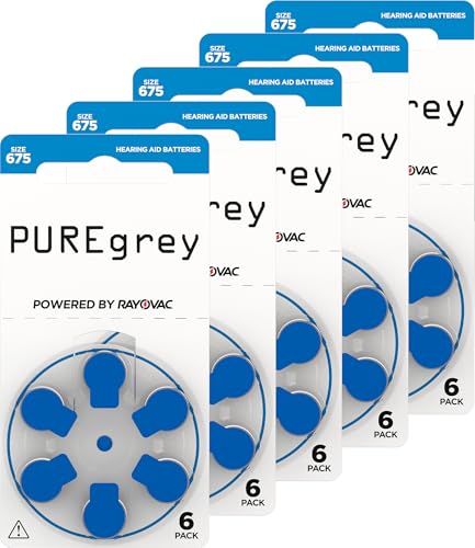 PUREgrey Hörgerätebatterien Typ 675-30 Stück Hörgeräte Batterien konzipiert für höchste Leistung – Pack mit 5 Blistern à 6 Hörgerätebatterien – PR44 Farbcode blau 1,45 Volt von Rayovac