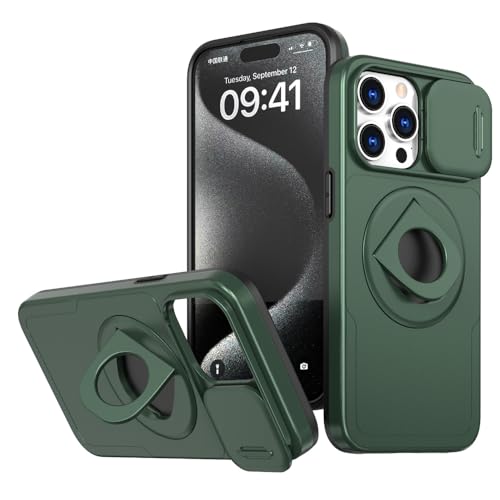 Rdyi6ba8 Ständer Hülle für iPhone 15 Pro, [360°Drehbarer Magnetisch Ständer] mit Schiebe Kamera Schutz Handyhülle für iPhone 15 Pro 6.1”(Grün) von Rdyi6ba8