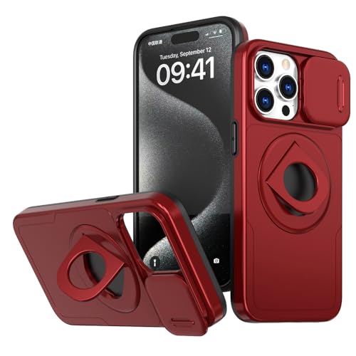 Rdyi6ba8 Ständer Hülle für iPhone 15 Pro, [360°Drehbarer Magnetisch Ständer] mit Schiebe Kamera Schutz Handyhülle für iPhone 15 Pro 6.1”(Rot) von Rdyi6ba8