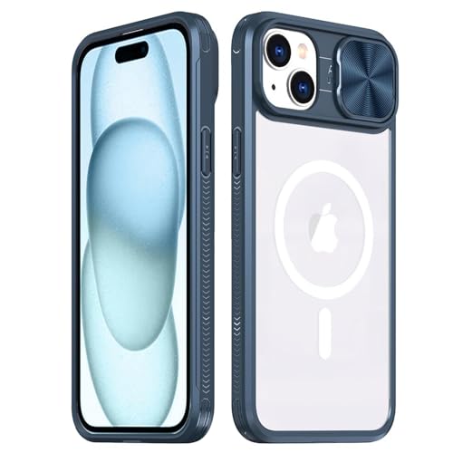 Rdyi6ba8 Transparente Hülle für iPhone 15, Kamera Schutz Handyhülle mit Schieber [Anti-Gelb] Hybrid PC + TPU Stoßfest Case für iPhone 15 - Blau von Rdyi6ba8