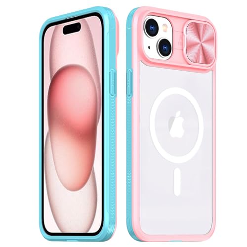 Rdyi6ba8 Transparente Hülle für iPhone 15, Kamera Schutz Handyhülle mit Schieber [Anti-Gelb] Hybrid PC + TPU Stoßfest Case für iPhone 15 - Rosa+Grün von Rdyi6ba8