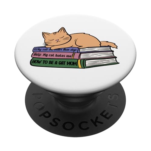 Lustiges Kätzchen schläft auf Büchern für Katzenmutter und Buchliebhaber PopSockets Klebender PopGrip von Reading Lover and Cat Mom Designs