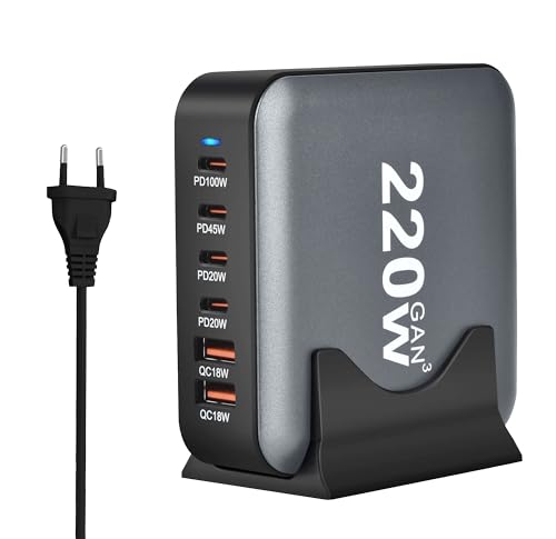 Reagle GaN 220W USB-C Schnellladegerät - 6-Port Ladegerät mit 100W Power Delivery, QC 3.0, für Laptop, iPhone, Tablet, Mehrfach Schutz - Leistungsstark & Sicher für Unterwegs und Zuhause von Reagle