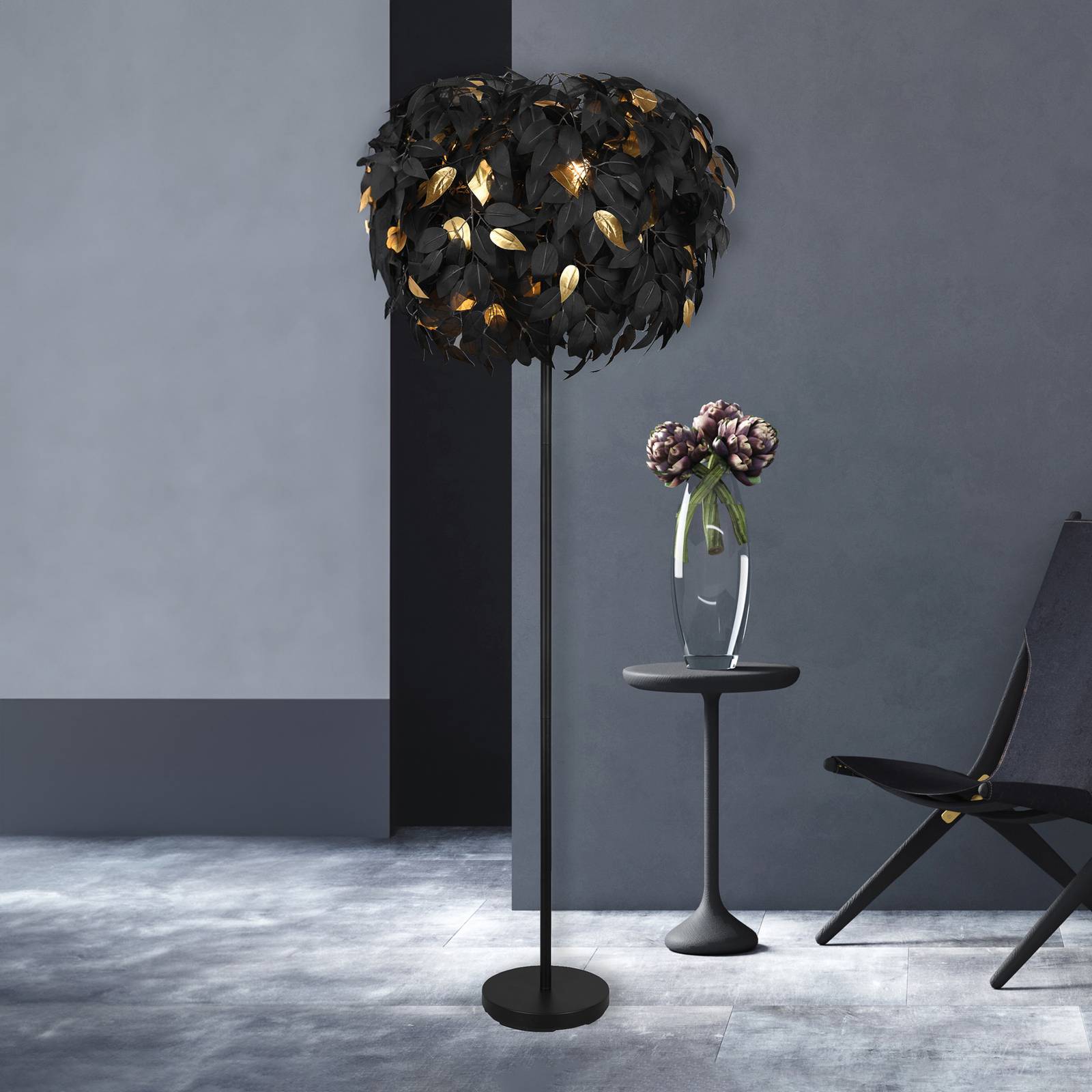 Stehlampe Leavy, schwarz/gold, Höhe 180 cm, Kunststoff von Reality Leuchten