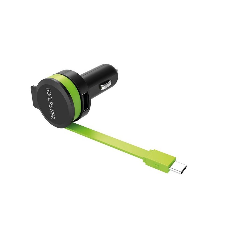 Realpower USB KFZ Auto Ladestation USB-Ladegerät (mit integrietem USB-C Kabel für Zigarettenanzünder, schwarz/grün) von Realpower