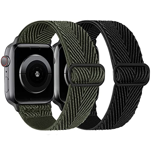 Elastisches Apple Watch Armband Kompatibel mit iWatch 42mm 41mm 40mm 38mm, Stoff Nylon Solo Loop Geflochtene Armbänder für Apple Watch Series 10/9/8/7/SE/6/5/4/3/2/1, Schwarz Grün von Recoppa