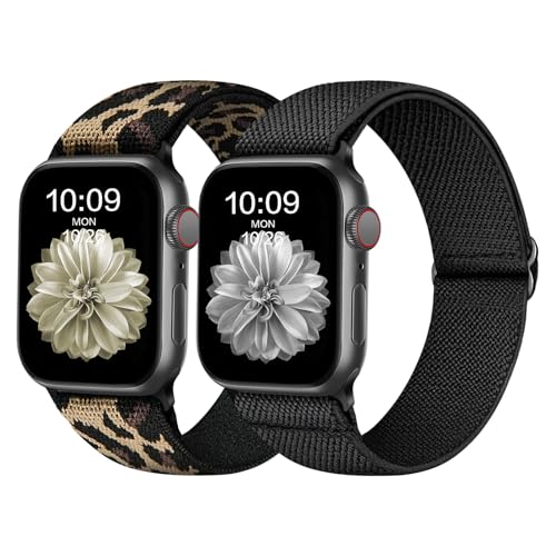 Recoppa Elastisch Armband Kompatibel mit Apple Watch Armband 41mm 40mm 38mm, Dehnbar Verstellbar Solo Loop Nylon Stoff Armband für Apple Watch Series 8 SE 7 6 5 4 3 2 1, Schwarz/Leopard von Recoppa