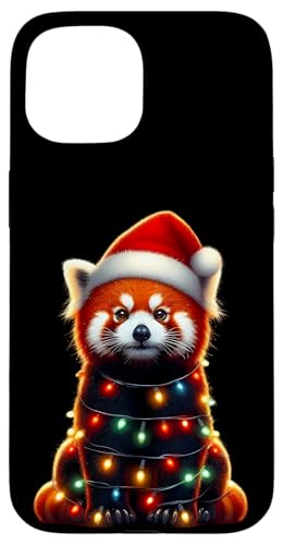 Hülle für iPhone 15 Roter Panda mit Weihnachtsmütze und Weihnachtsbeleuchtung, niedlich von Red Panda With Santa Hat & Christmas Lights Merch