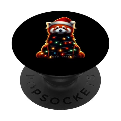 Roter Panda mit Weihnachtsmütze und Weihnachtsbeleuchtung, niedlich PopSockets Klebender PopGrip von Red Panda With Santa Hat & Christmas Lights Merch