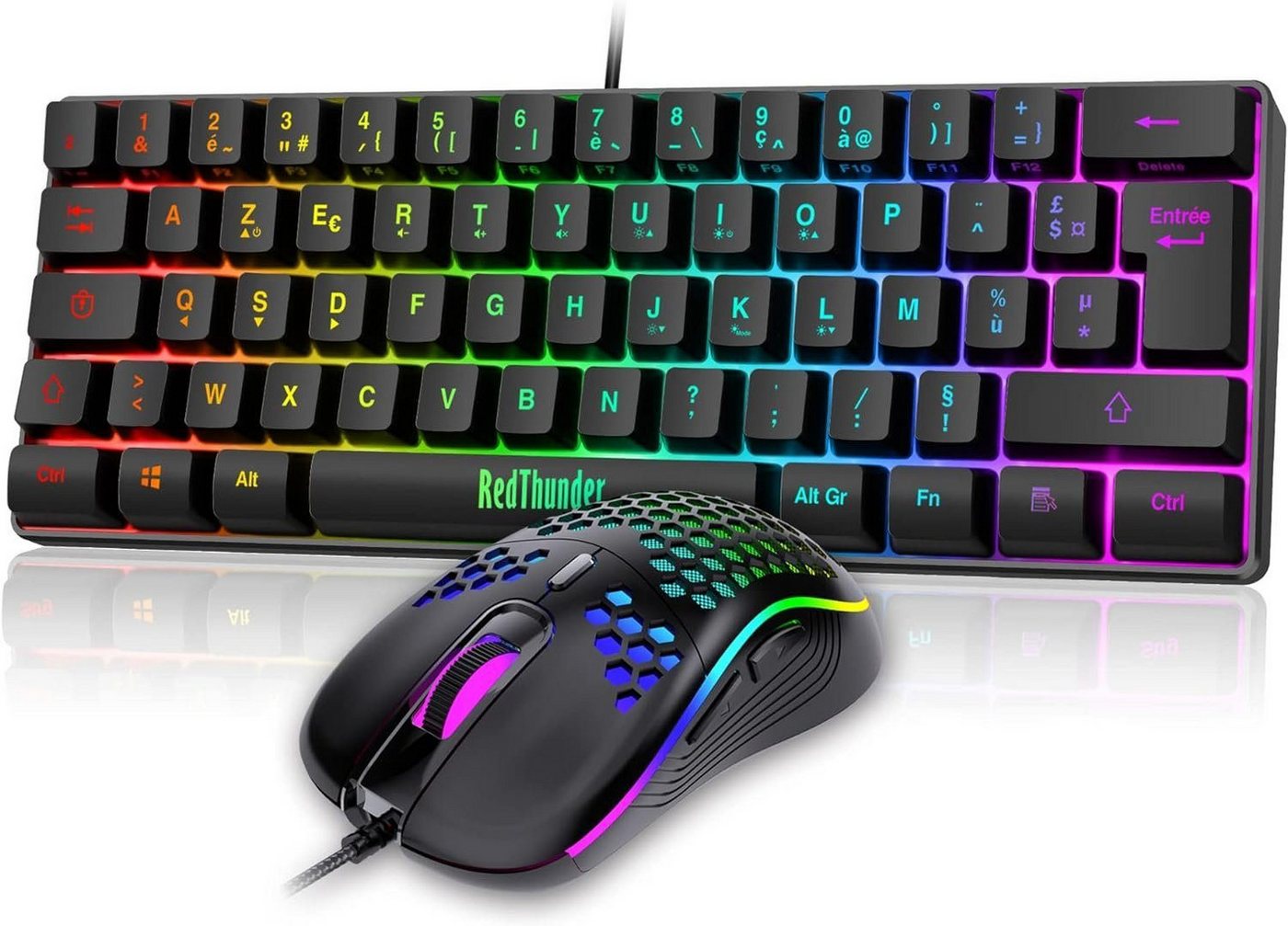 RedThunder 60 % Set 2-in-1, französische AZERTY Tastatur- und Maus-Set, mit Hintergrundbeleuchtung RGB 62 Tasten 7200 DPI für PC Mac PS5 von RedThunder