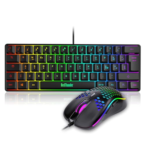 RedThunder 60% kabelgebundene mechanische Gaming-Tastatur, dynamische RGB-Hintergrundbeleuchtung, leichte Wabenmaus mit 7200 DPI, ultrakompakte Tastatur, 62 Anti-Ghosting-Tasten, IT-Layout für von RedThunder