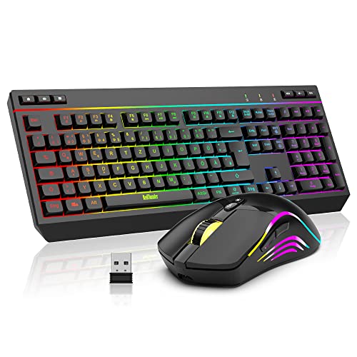 RedThunder K20 Rechargeable Kabelloses Gaming Tastatur und Maus Set, QWERTZ DE Layout, RGB Hintergrundbeleuchtung + Multimedia Funktionstasten, 4800DPI Kabelloses Maus für PC Mac Laptop(Schwarz) von RedThunder