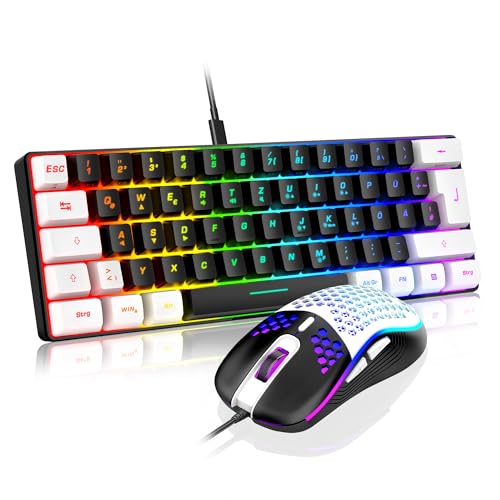 RedThunder K62 60% Gaming Tastatur und Maus Set, QWERTZ DE Layout, Wiederaufladbare Kompakte -, Ultraleichte mit Wabenkonstruktion für PC MAC PS5 Xbox Gamer (Schwarz-Weiß - Version 2024) von RedThunder