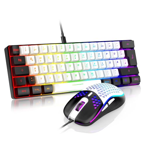 RedThunder K62 60% Verkabelte Gaming Tastatur und Maus Set, QWERTZ DE Layout, Ultraleichte mit Wabenkonstruktion für PC MAC PS5 Xbox Gamer (Weiß - Schwarz) von RedThunder