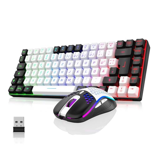 RedThunder K84 Kabelloses Gaming Tastatur und Maus Set, QWERTZ DE Layout, wiederaufladbar kompakt, Ultraleicht - mit Honeycomb Konstruktion für PC Mac PS5 Xbox Gamer (Weiß-Schwarz-Version 2024) von RedThunder