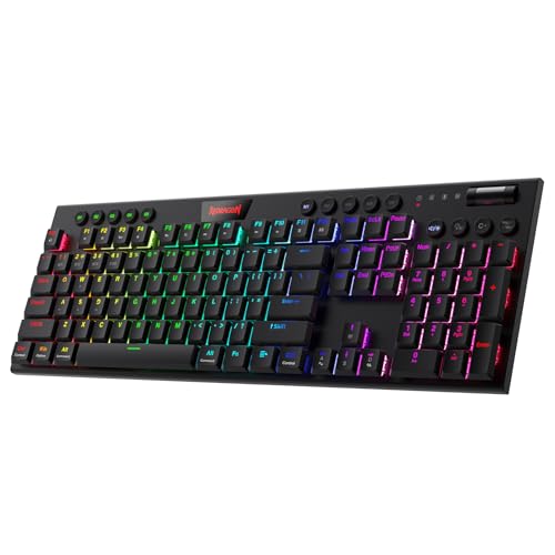 Redragon K618 Horus Mechanische RGB-Tastatur, Bluetooth/2.4ghz/kabelgebundene Tri-Mode Flache Tasten Gaming-Tastatur mit Kabelloser Verbindung, Dedizierter Mediensteuerung und Linearem Roten Schalter von Redragon