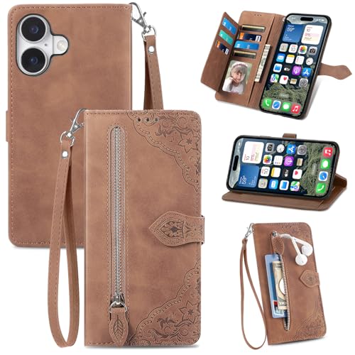 Refilerss Schutzhülle für iPhone 16 Plus, Brieftaschenformat, Reißverschlussfach mit Kartenfächern, Magnetverschluss, Lanyard, Klappschutzhülle für iPhone 16 Plus 17,5 cm (6,7 Zoll), Braun von Refilerss