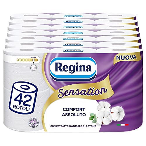 Regina Sensation Toilettenpapier, 42 Rollen, 160 weiche 3-lagige Risse, weich und strapazierfähig, mit natürlichem Baumwollextrakt, Packung mit 60% recyceltem Kunststoff, FSC-zertifiziert von Regina