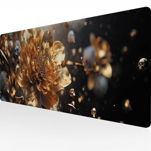 Mauspad Gaming Mousepad Wasserdicht rutschfeste Gummiunterseite 700x400x3mm Große Mousepad Langlebige Großer mit genähten Kanten Erweiterter Schreibtisch Schutz Für Home Office goldene Blume C973 von Reisvx