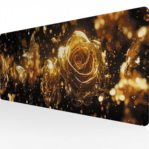 Mauspad Gaming Mousepad Wasserdicht rutschfeste Gummiunterseite 800x400x3mm Große Mousepad Langlebige Großer mit genähten Kanten Erweiterter Schreibtisch Schutz Für Home Office goldene Blume C3846 von Reisvx