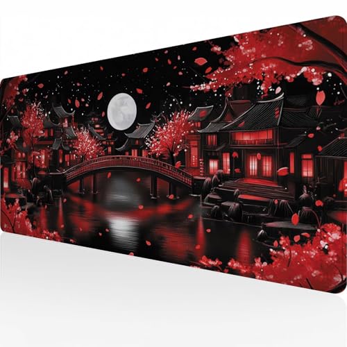 Mauspad Gaming Mousepad Wasserdicht rutschfeste Gummiunterseite Gummi 700x400x3mm Große Mousepad Langlebige Großer mit genähten Kanten Erweiterter Schreibtisch Schutz Für Home Office rote Nacht C3316 von Reisvx