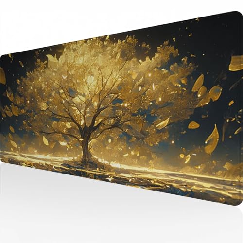 Mauspad Gaming Mousepad Wasserdicht rutschfeste Gummiunterseite Gummi 900x400x3mm Große Mousepad Langlebige Großer mit genähten Kanten Erweiterter Schreibtisch Schutz Für Home Office Goldener Baum C9 von Reisvx