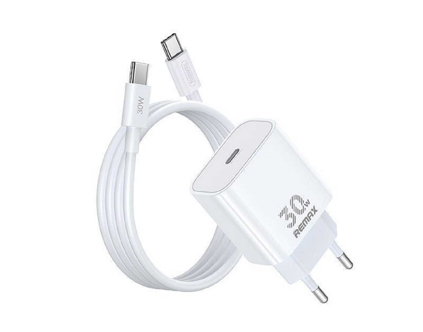 Remax Ladegerät Figen Serie 30W GaN RC-C021 USB-C + USB-C/C Kabel 1M Weiß Schnelllade-Gerät (TPE, PD30W- und GaN-Technologie) von Remax