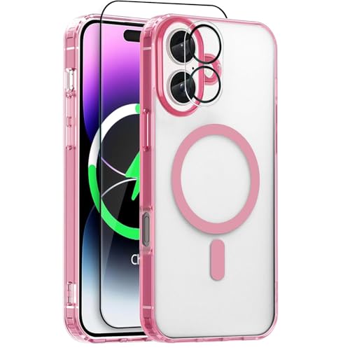 Remterad für iPhone 16 Plus Hülle mit einem Bildschirmschutz und Linsenschutz,Kabellose Ladetasche， TPU Etui, Herren Fall, Damen ETU, Fall mit Fallschutz, Anti-Fingerprint Phone Case,Rosa. von Remterad