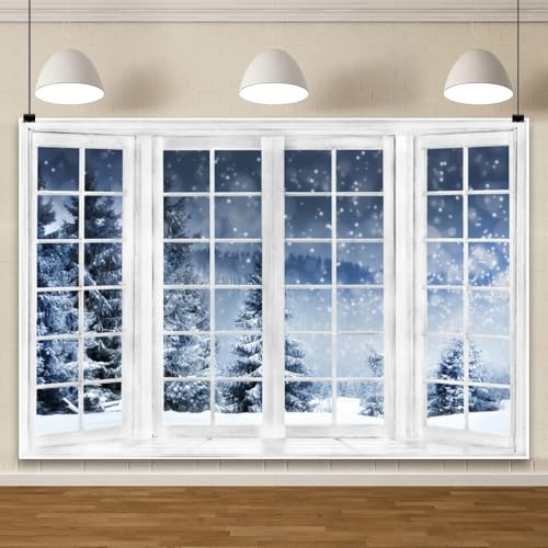 Renaiss 1.8x1.2m Winter Fenster Schnee Szene Hintergrund Heiligabend Wald Schnee Fotografie Hintergrund Winter Weihnachten Heimdekoration Party Banner Vinyl Fotostudio Requisiten von Renaiss