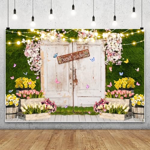 Renaiss 2.7x1.8m Süßer Garten Fotografie Hintergrund Frühling Gras Wand Holztür Blumen Kulisse Ostern Geburtstag Party Dekor Kinder Baby Portrait Vinyl Foto Requisiten von Renaiss