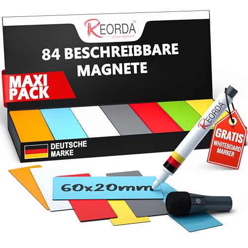 Reorda® Magnetstreifen beschreibbar - 84 Stück (7 Farben) – 6x2 cm I Wiederbeschreibbar, Beschreibbare Magnete für Whiteboard, Kanban, Magnettafel - Beschriftbare Magnete für den Kühlschrank von Reorda