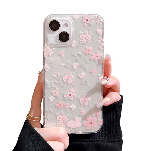 Reownest Schutzhülle für iPhone 15, transparent, rosa Blume, niedliches ästhetisches Design, für Damen, Teenager, Mädchen, Silikon, schlanke Schutzhülle, transparent von Reownest