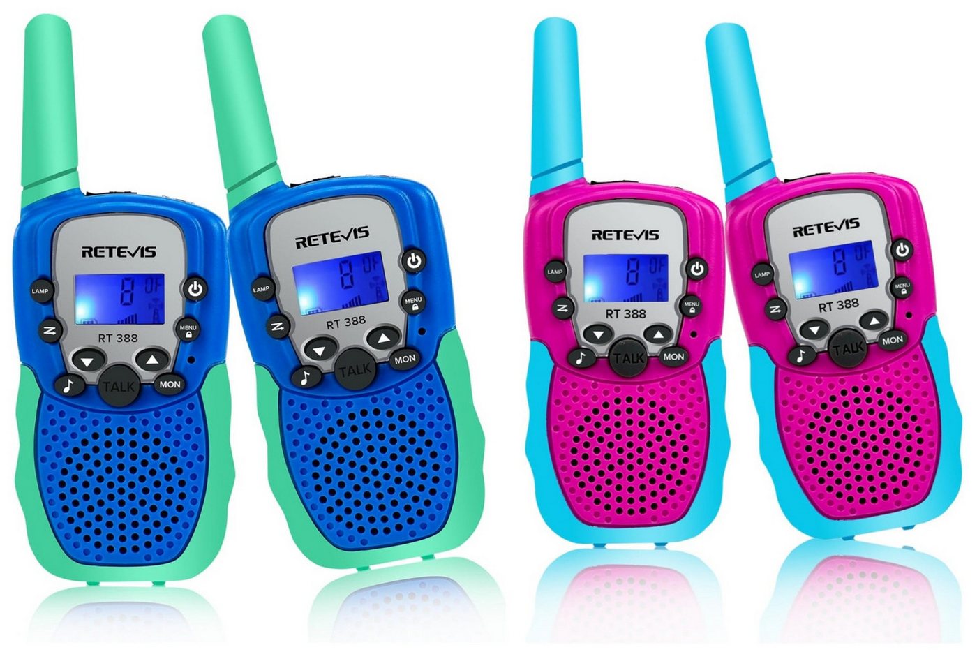 Retevis Walkie Talkie Kinder RT388 Funkgeräte PMR446,VOX,10 Ruftöne, LCD Display, 2-tlg Set, (Walkie Talkie Kinder, Gesprächsdatenschutz, 8 Kanäle, klare Sounds, für 3–12 Jahre, Spielzeuggeschenke, Familienspiele,Park,Garten,Outdoor), Umweltfreundliche Materialien, Anti-Rutsch-Design, VOX, Taschenlampe von Retevis