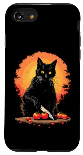 Hülle für iPhone SE (2020) / 7 / 8 Schwarze Katze, die Tomaten schneidet — Lustiger Chef-Katzenliebhaber von Retro Cat Apparel Gifts