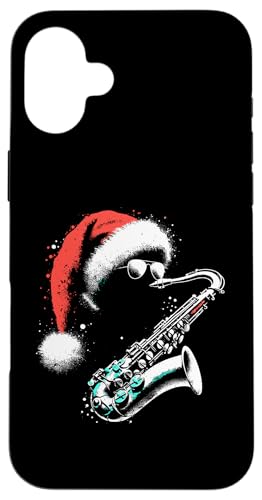 Hülle für iPhone 16 Plus Saxophon-Weihnachtsmannmütze – Vintage-Jazzinstrument von Retro Christmas Apparel Gifts