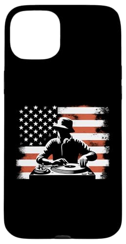 Hülle für iPhone 15 Plus DJ Amerikanische Flagge – Patriotische USA Deejay Plattenspieler-Liebhaber von Retro DJ Apparel Gifts