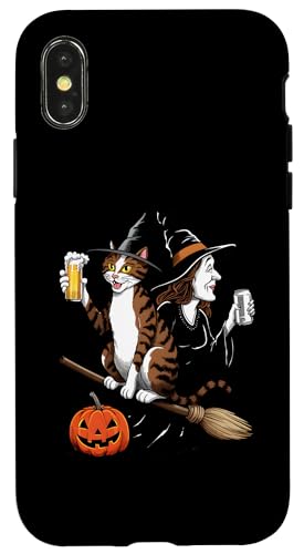 Hülle für iPhone X/XS Katze und Hexe trinken Bier - Lustiger Halloween-Bierliebhaber von Retro Halloween Apparel Gifts