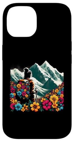 Hülle für iPhone 14 Wandererin, Blumenmotiv, Natur, Berge, Wanderliebhaber von Retro Hiking Apparel Gifts