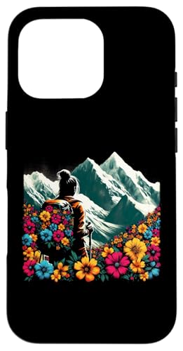 Hülle für iPhone 16 Pro Wandererin, Blumenmotiv, Natur, Berge, Wanderliebhaber von Retro Hiking Apparel Gifts