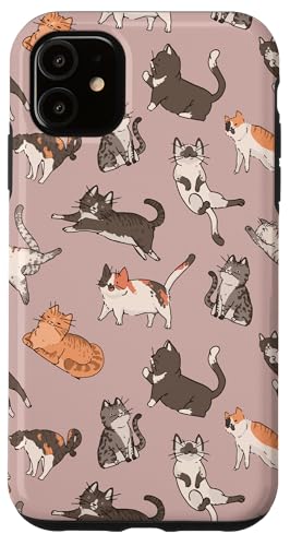 Hülle für iPhone 11 Wunderliches Kitty-Muster auf rosa Beige von Retro-Katzenillustrationen