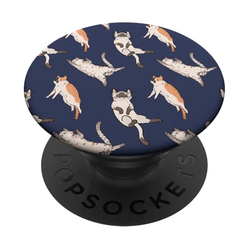 Niedliches verspieltes Katzenmuster auf Marineblau PopSockets Klebender PopGrip von Retro-Katzenillustrationen